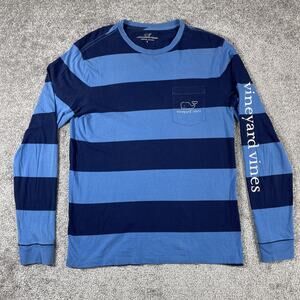 Vineyard Vines T Shirt Mens Small Whale Thick Stripes Preppy Spell Out Blue